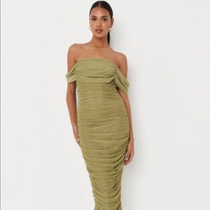 Khaki mesh ruched Bardot midaxi dress.